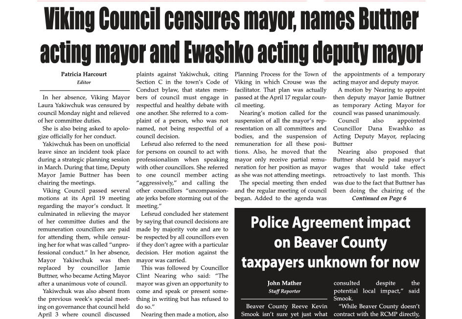 Viking Council censures Mayor – buy the April 19 Review here:
