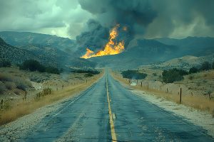 Dramatic Countryside Scene with Intense Fire and Smoke on Mountain Horizon Generative AI