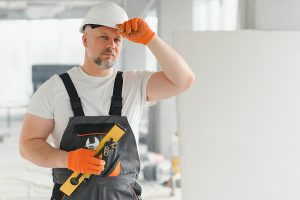 Portrait of a builder in the process of working on a construction site indoors